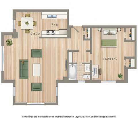 Floor plan for 1 bed, 1 bath, 854 sqft